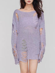 Lilac ripped knit oversized beach pullover sweater with boat neck and distressed details.