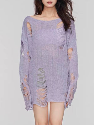 Lilac ripped knit oversized beach pullover sweater with boat neck and distressed details.