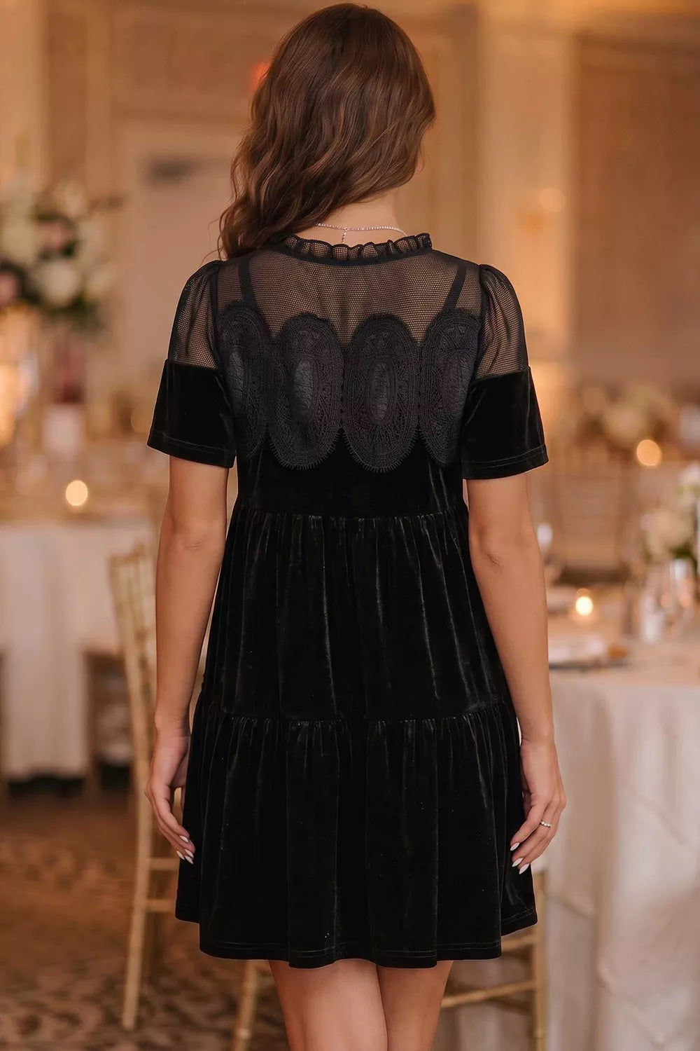Embroidered Velvet Short Sleeve Mini Dress in Black, side view