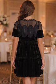Embroidered Velvet Short Sleeve Mini Dress in Black, side view