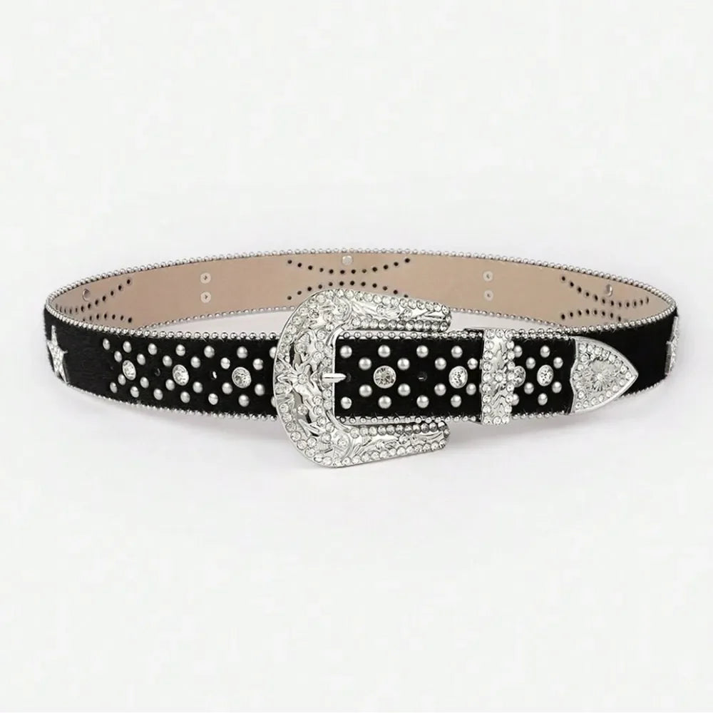 Black western belt with crystal embellishments and a silver buckle.