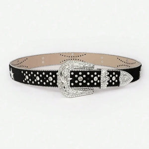 Black western belt with crystal embellishments and a silver buckle.