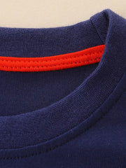 Navy cotton crew neck toddler t-shirt with red trim detail.