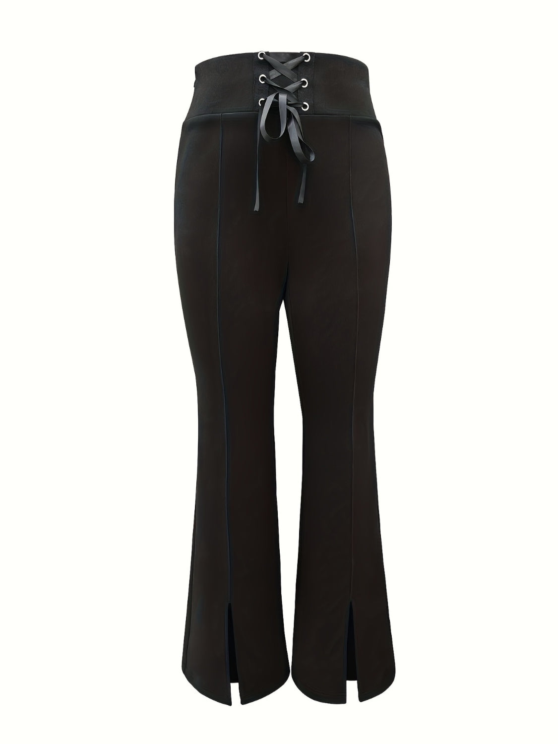 Black lace-up waist slit flare trousers with a bootcut leg and front seams.