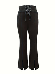 Black lace-up waist slit flare trousers with a bootcut leg and front seams.