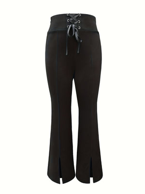 Black lace-up waist slit flare trousers with a bootcut leg and front seams.