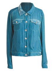 Cerulean velvet western jacket with silver buttons and chest pockets