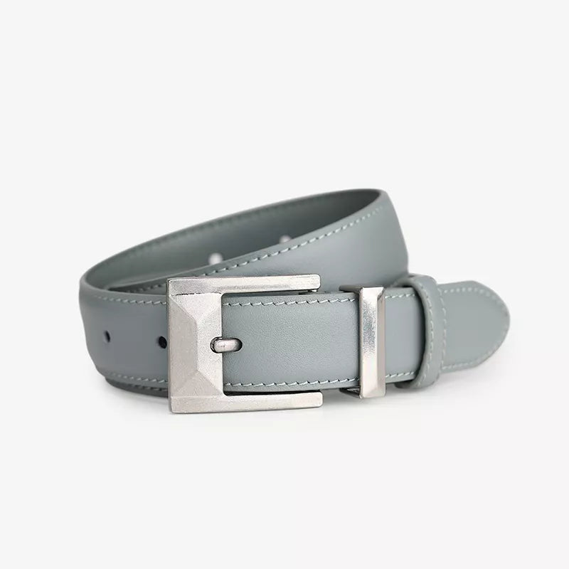 Grey cowhide leather belt with geometric silver buckle