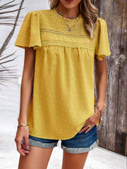 Chartreuse dotted swiss smocked bodice flutter sleeve blouse with lace trim