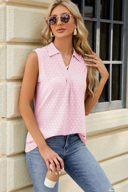 Blush pink eyelet polo tank with pleated bib and v-neck