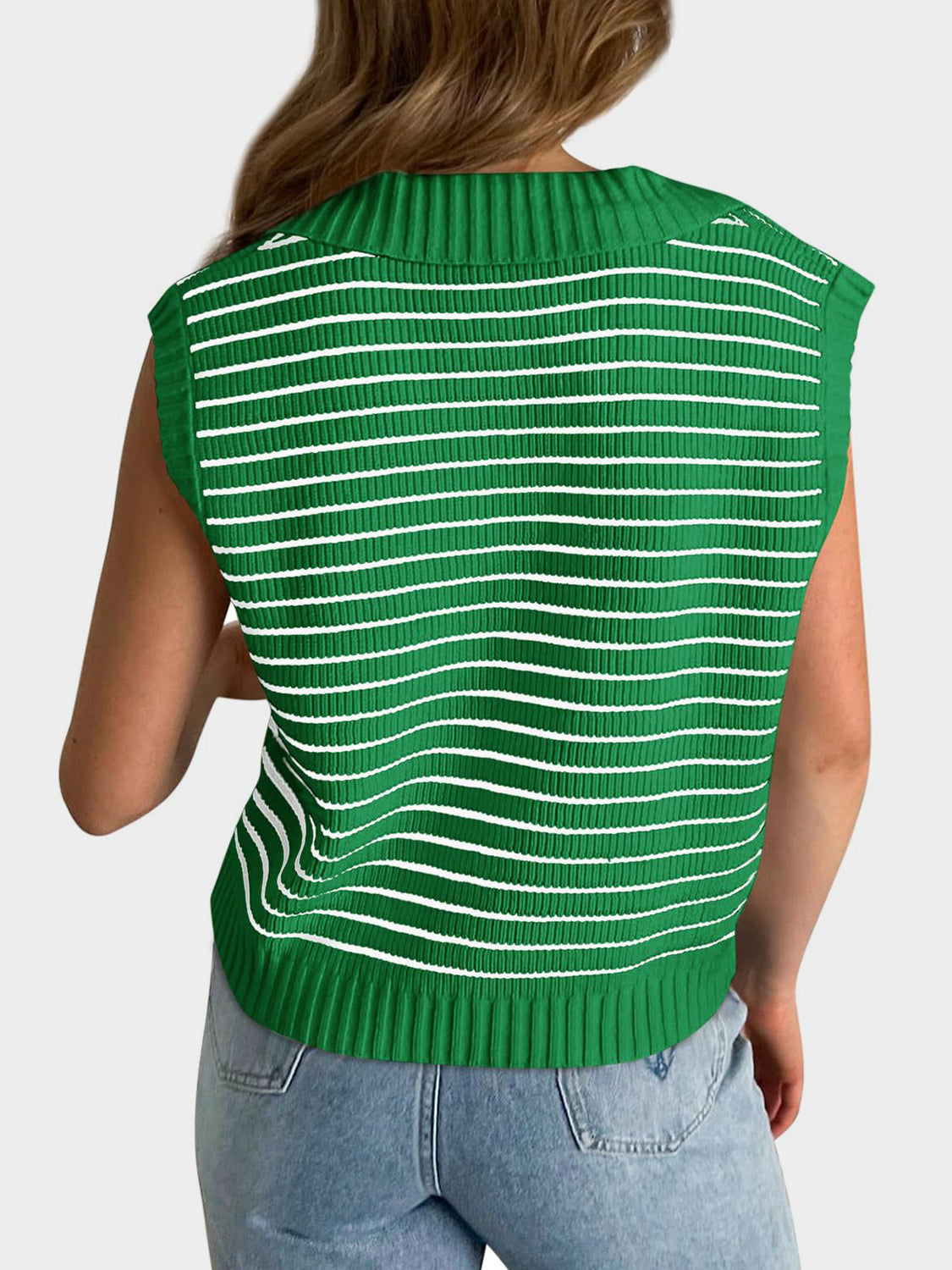 Green ribbed knit polo vest with white horizontal stripes and a collar detail.
