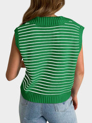 Green ribbed knit polo vest with white horizontal stripes and a collar detail.