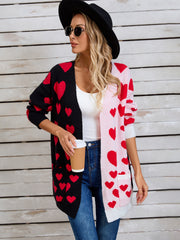 Heartbeat split-panel open cardigan in black and pink with red hearts, acrylic blend, mid-length, pockets