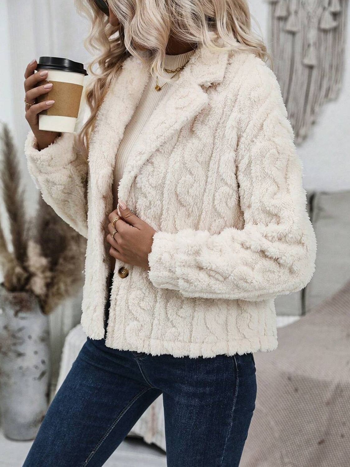 Cream textured teddy bear blazer with cable knit pattern and button closure