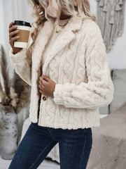 Cream textured teddy bear blazer with cable knit pattern and button closure