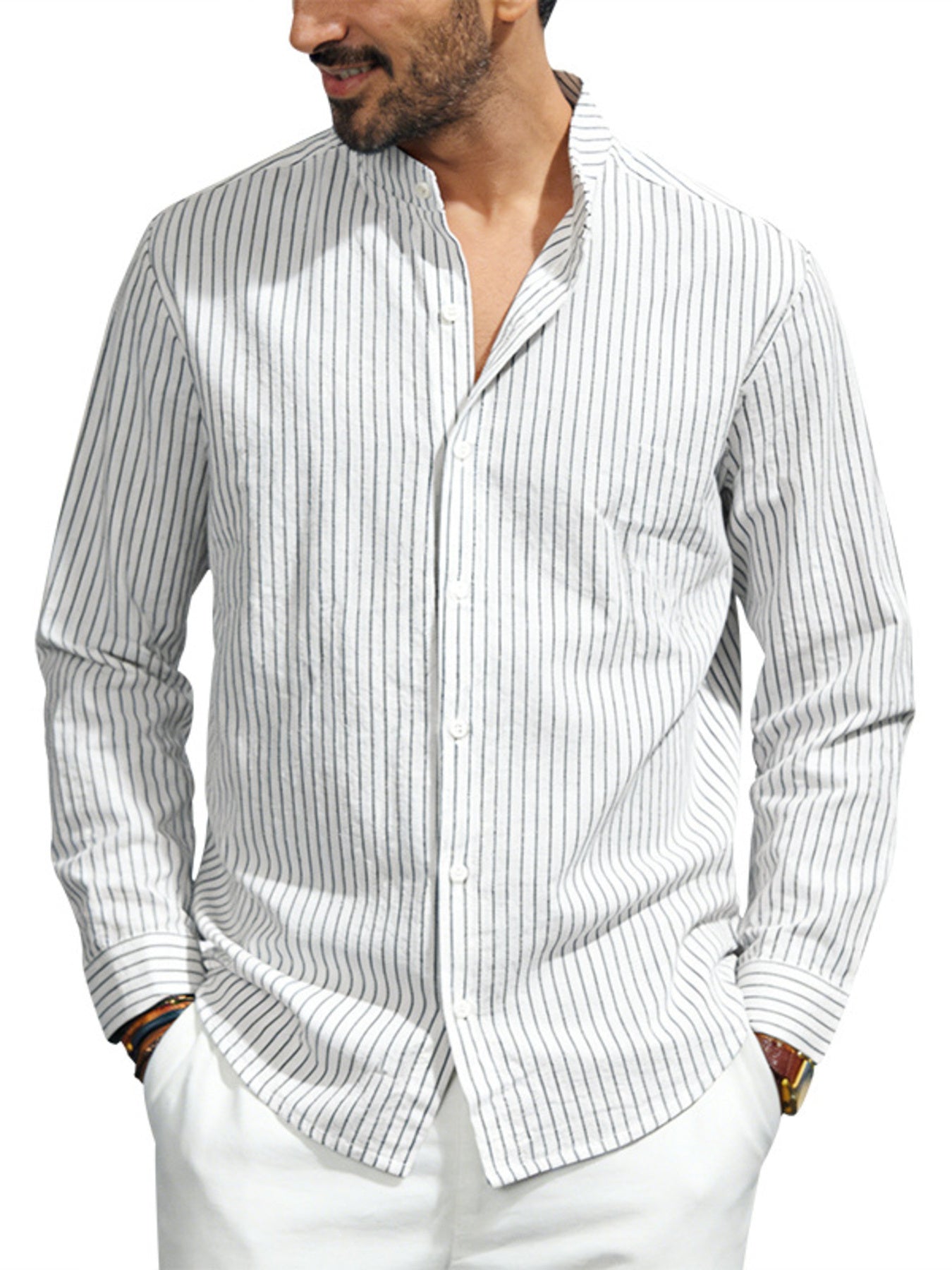 Men's white and black striped long sleeve shirt with band collar and button front.