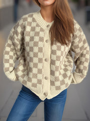 Checkerboard knit button-up cardigan in taupe and cream acrylic with button closure.