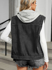 Black denim vest with attached grey hooded back detail, sleeveless, casual style.