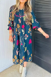 Floral Ruffled Neckline Midi Dress