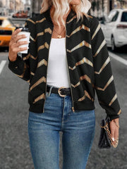 Black chevron sequin bomber jacket with gold detailing.