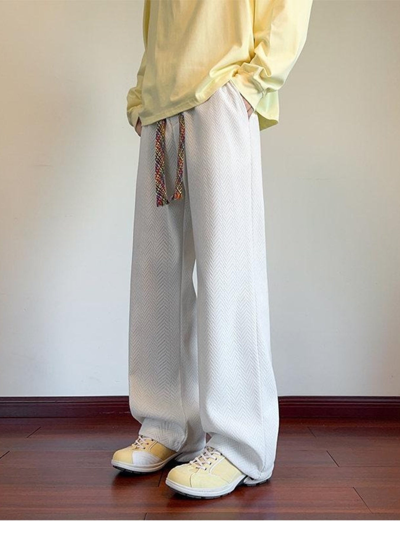Men's white textured wide leg sweatpants with drawstring