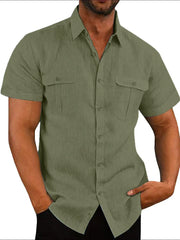 Men's moss green textured linen utility shirt with short sleeves and two chest pockets.