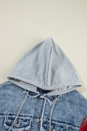 Denim hooded jacket with distressed details and grey drawstring hood.