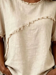 Khaki relaxed-fit shirt with frayed hem and asymmetrical detail.