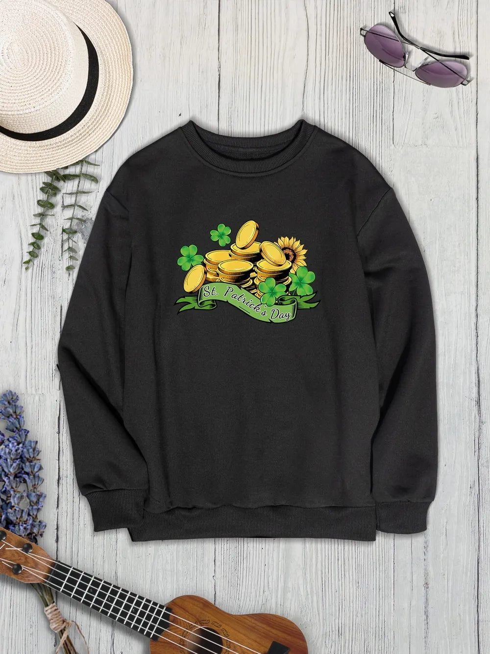 Black St. Patrick's Day graphic sweatshirt with gold coins, shamrocks, and a sunflower.