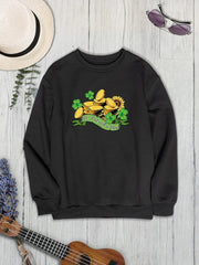 Black St. Patrick's Day graphic sweatshirt with gold coins, shamrocks, and a sunflower.