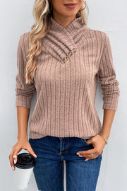 Mocha ribbed knit top with pleated neckline and button detail
