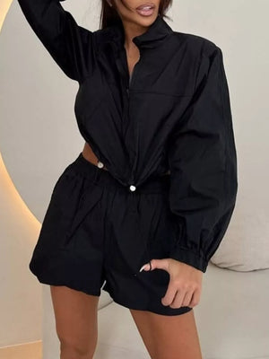 Zip Up Long Sleeve Outerwear And Shorts Set, product detail