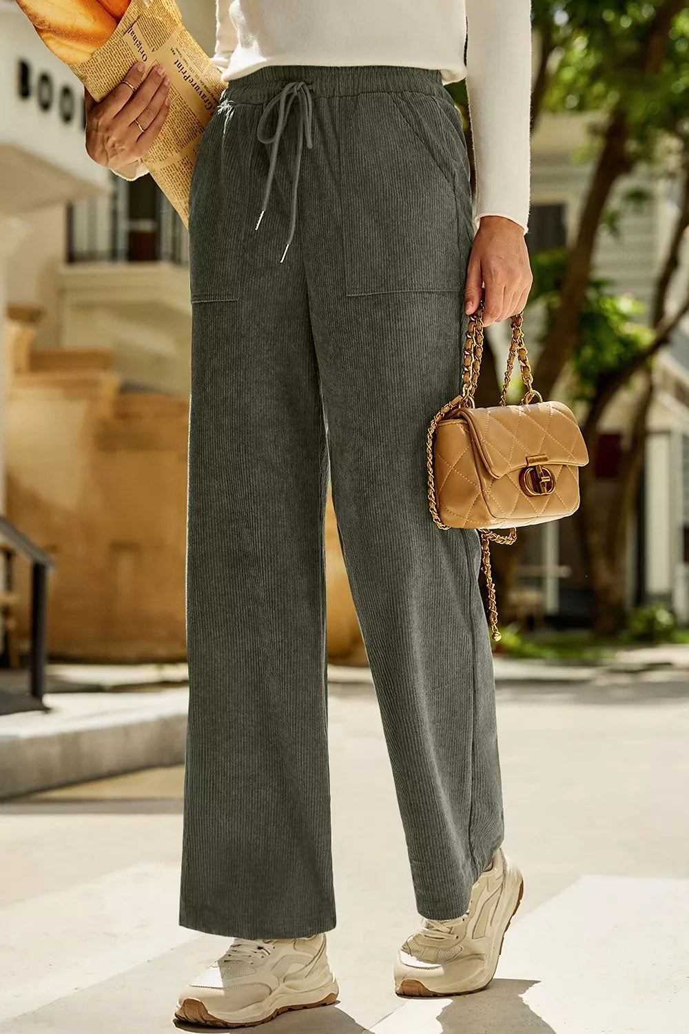 Drawstring Corduroy Wide Leg Pants in Army Green, close-up detail