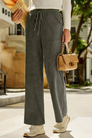 Drawstring Corduroy Wide Leg Pants in Army Green, close-up detail