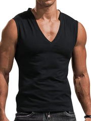 Black V-neck muscle tank top with a sculpted fit.