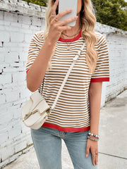 Striped knit tee with red trim and short sleeves.