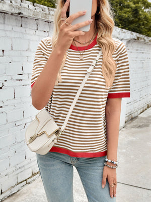 Striped knit tee with red trim and short sleeves.