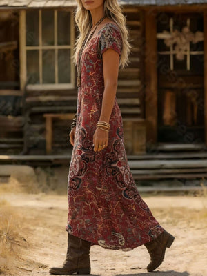 Bohemian printed midi dress in burgundy with short sleeves and a flowy skirt.