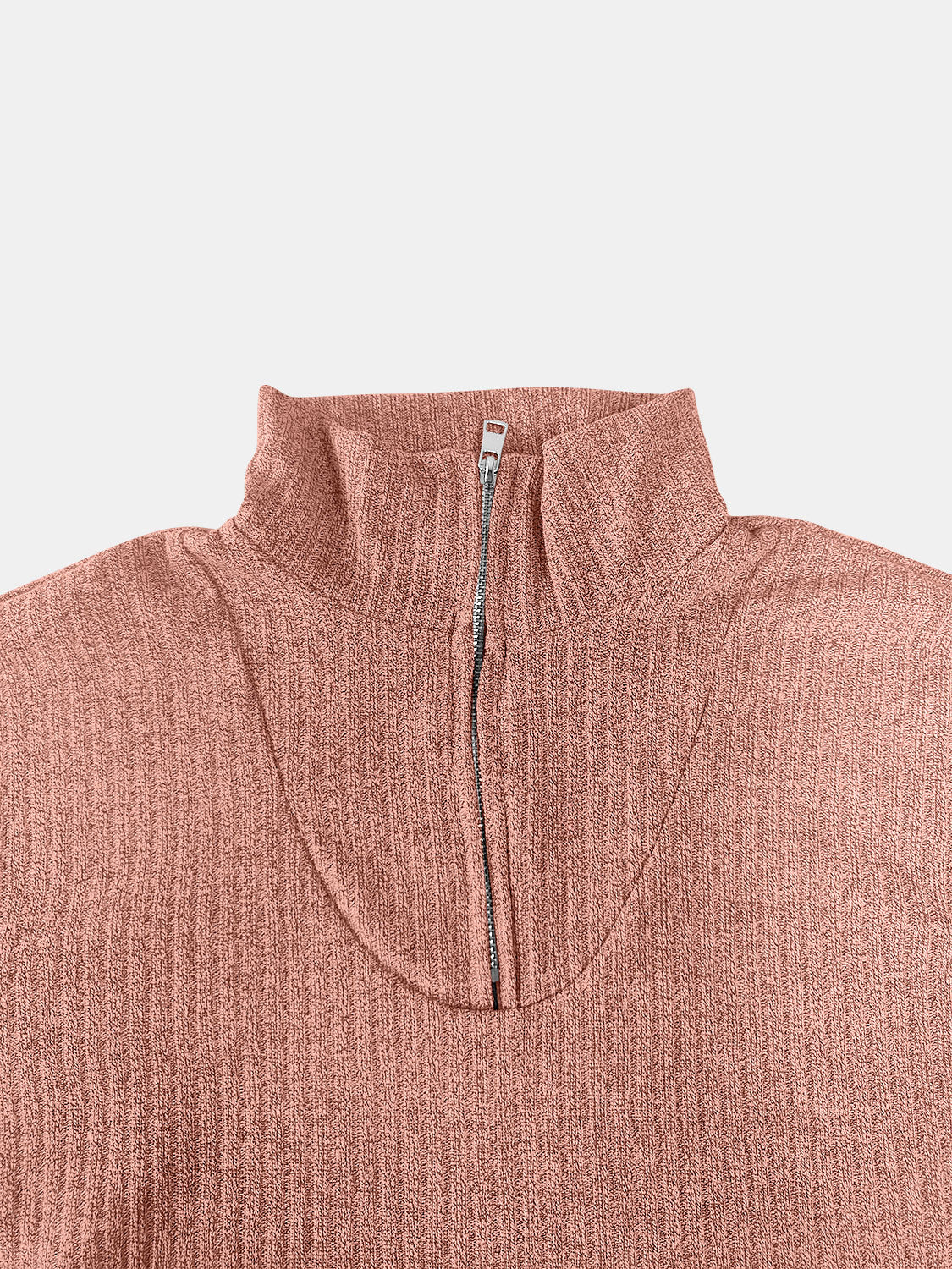 Ribbed knit quarter-zip pullover in burnt coral with a mock neck and silver zipper detail.