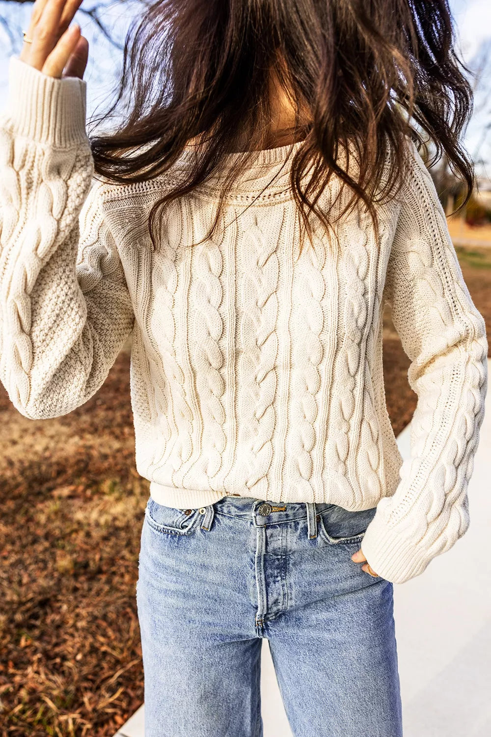 Drop Shoulder Round Neck Cable Knit Sweater in Cream, fit detail