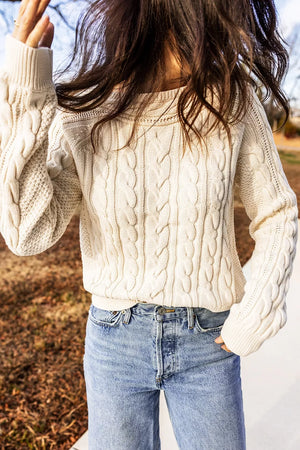 Drop Shoulder Round Neck Cable Knit Sweater in Cream, fit detail