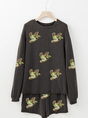 Dark gray ribbed loungewear set with all-over sequin duck patches