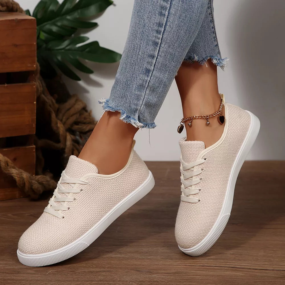Round Toe Lace Up Sneakers in Off-white, model styling view