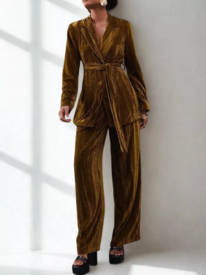 Velvet belted blazer and wide leg trousers ensemble in Tan.