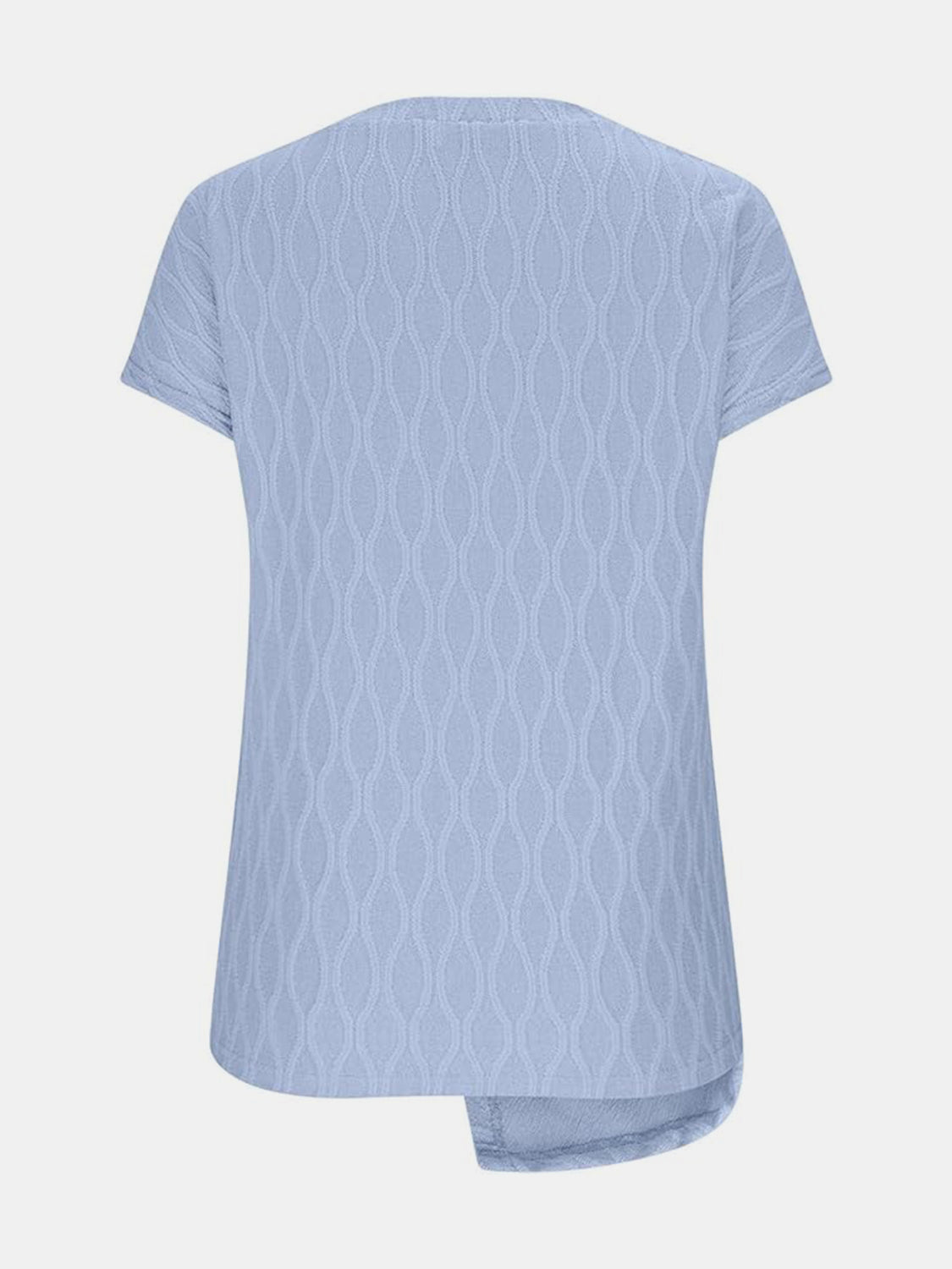 Light blue textured tee with asymmetric hem and short sleeves.