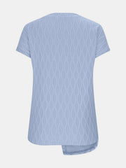 Light blue textured tee with asymmetric hem and short sleeves.