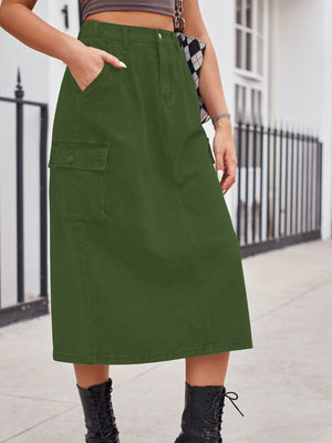 Army green denim midi skirt with cargo pocket and front slit