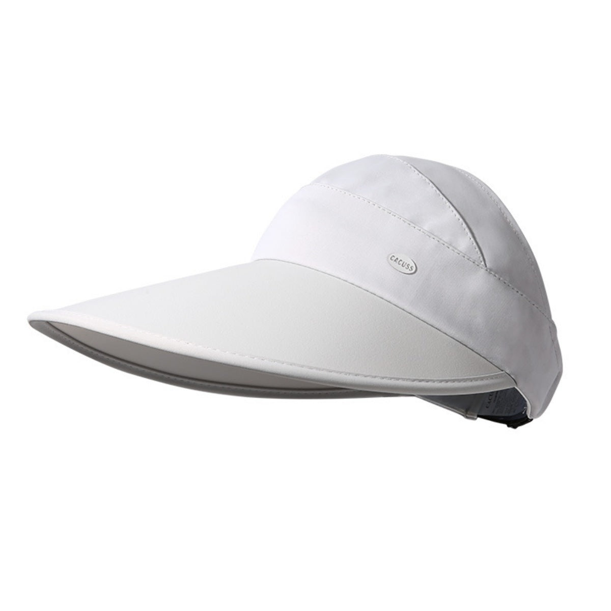 Premium wide brim sun visor hat in light gray with button detail.