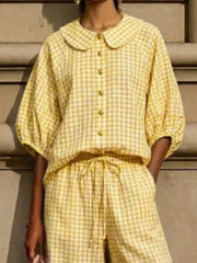 Full Size Plaid Button Up Shirt And Pants Set Plus Size, fabric detail