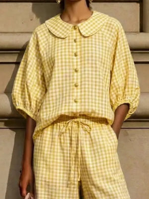Full Size Plaid Button Up Shirt And Pants Set Plus Size, fabric detail